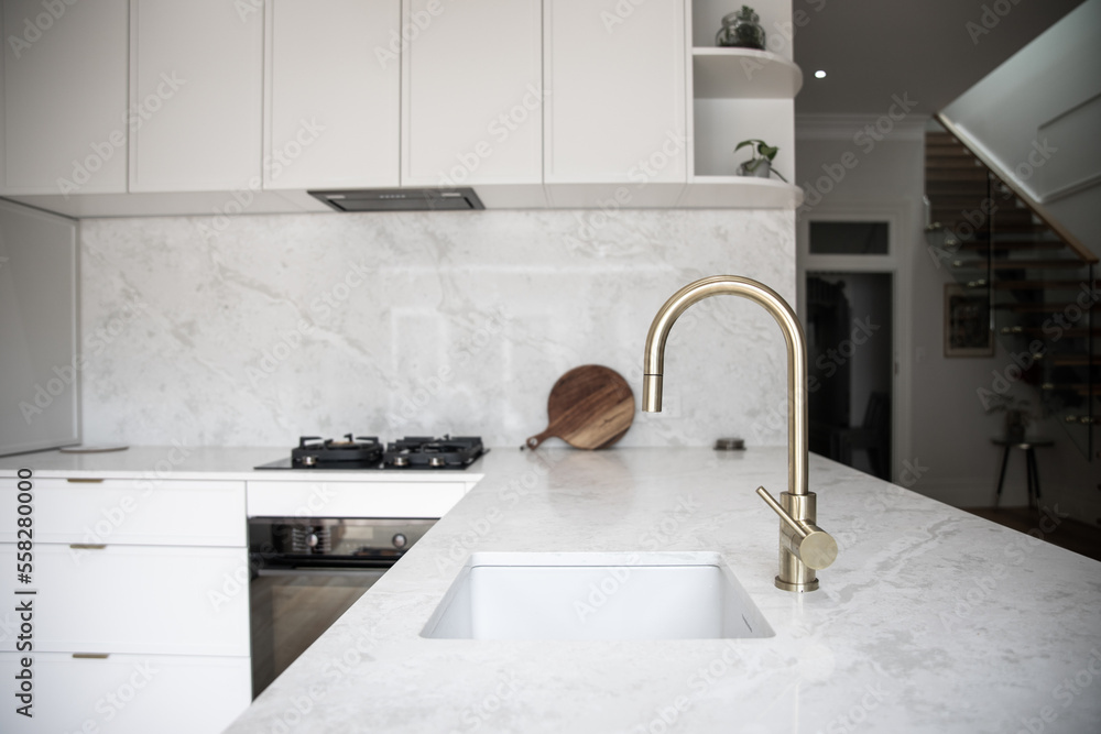 a modern kitchen, focused on the kitchen sink with a brass faucet