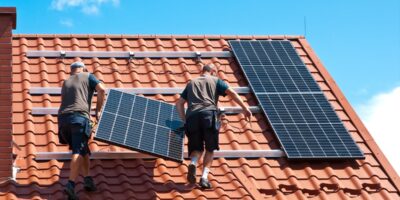 Two men wearing brown T-shirts and blue shorts are installing a solar panel on a stucco roof on a sunny day.