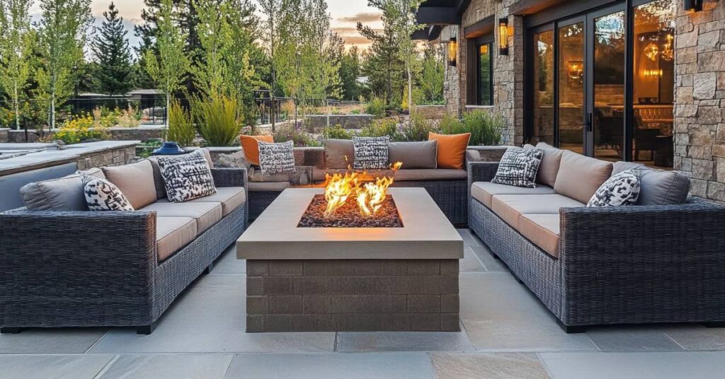 A luxurious home backyard with nice outdoor couches stationed around a fire table feature on a patio outside sliding glass doors.