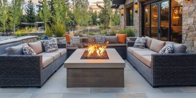 A luxurious home backyard with nice outdoor couches stationed around a fire table feature on a patio outside sliding glass doors.