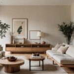 A modern, minimalist living room with off-white walls, two plants, wooden coffee tables, and two beige sofas.