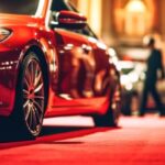 The light reflects on a red car parked on top of a red carpet, with a group of people standing behind it.