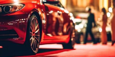 The light reflects on a red car parked on top of a red carpet, with a group of people standing behind it.
