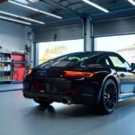 A sleek black sports car parked in a garage. The garage doors are open with a shelving unit against the far wall.
