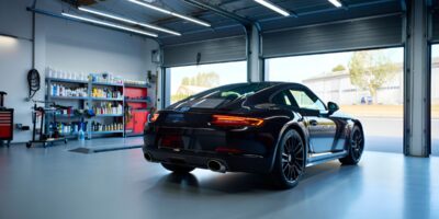 A sleek black sports car parked in a garage. The garage doors are open with a shelving unit against the far wall.