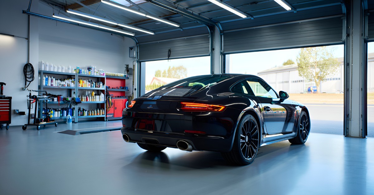 A sleek black sports car parked in a garage. The garage doors are open with a shelving unit against the far wall.