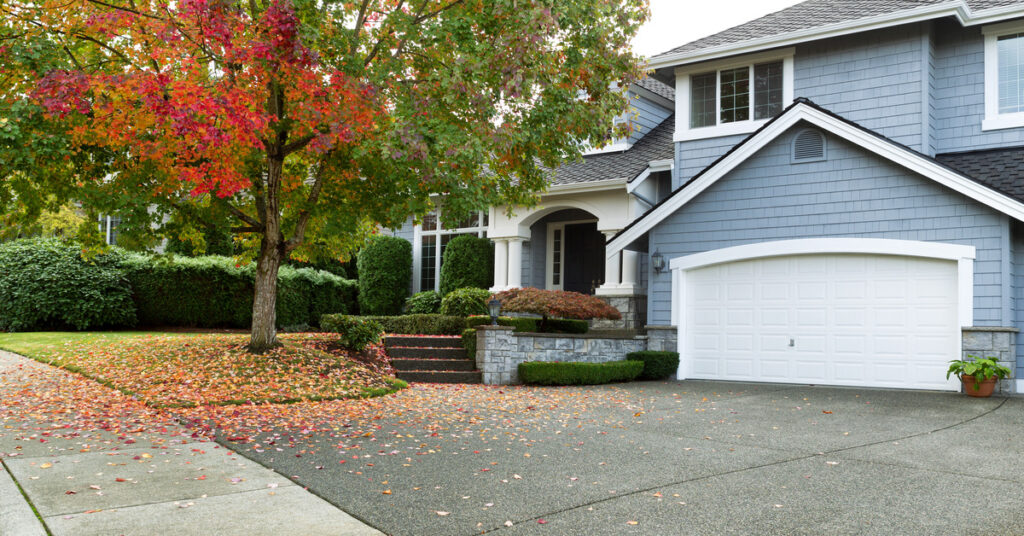 A blue house in autumn. There is a large tree next to the house with many fallen leaves surrounding it.