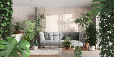 A room with a gray couch, multiple rugs, and countless plants—some hanging, others placed in pots on the floor or on tables.