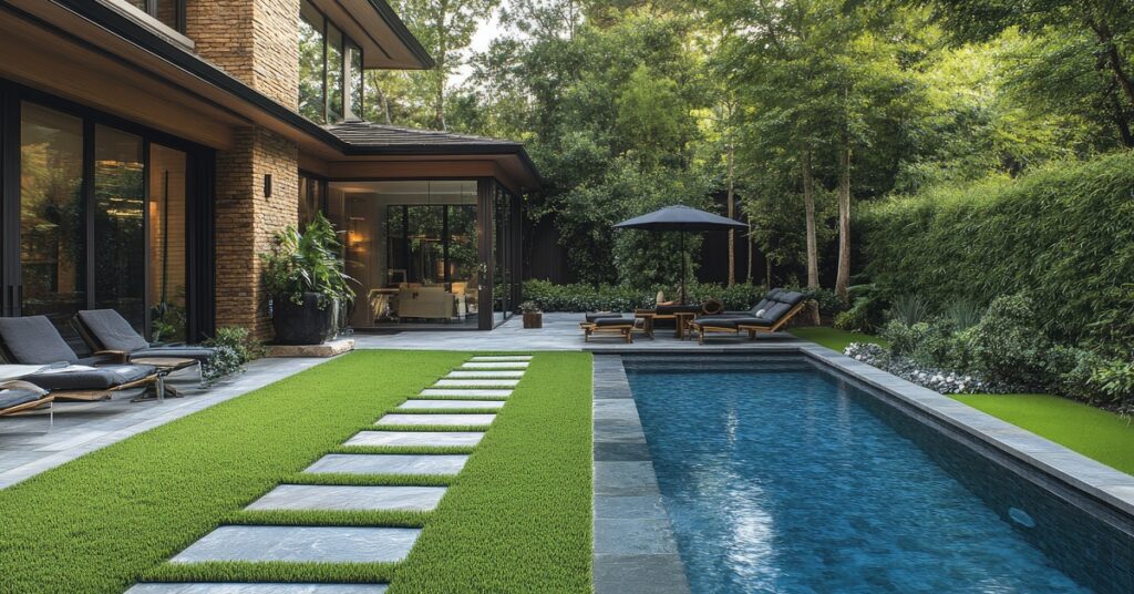 A modern, luxurious backyard with pool, patio, and lush landscaping. The house is made with brown brick.