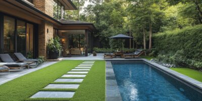 A modern, luxurious backyard with pool, patio, and lush landscaping. The house is made with brown brick.