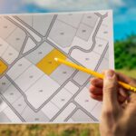 Where Are the Best Places to Buy Land Right Now? Two hands holding up a land blueprint and using a pencil to point out a specific plot of land. A field is right behind them.