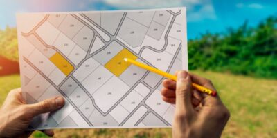 Two hands holding up a land blueprint and using a pencil to point out a specific plot of land. A field is right behind them.