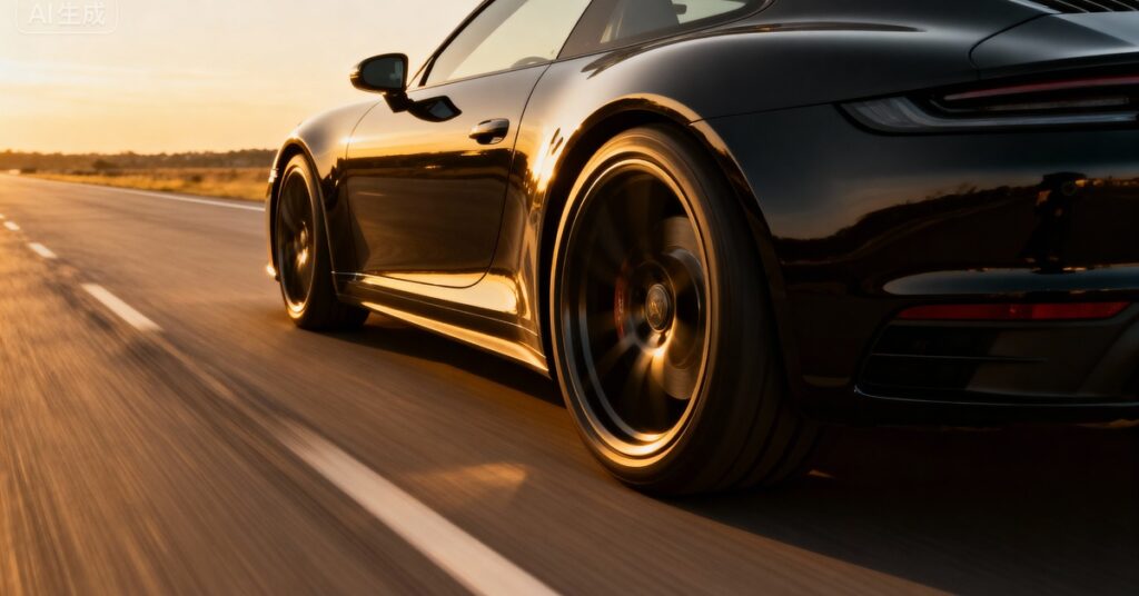 A black sports car driving down a road at sunset with the sky yellowing in the distance. The lines on the road are blurred.