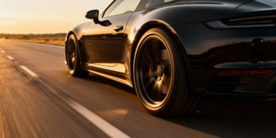 A black sports car driving down a road at sunset with the sky yellowing in the distance. The lines on the road are blurred.
