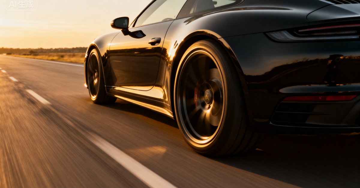 A black sports car driving down a road at sunset with the sky yellowing in the distance. The lines on the road are blurred.